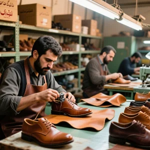 کارگاه تولید کفش چرمی تبریز با استادکاران در حال دوخت، قفسه‌های پر از کفش آماده فروش عمده، نور گرم و فضای صنعتی